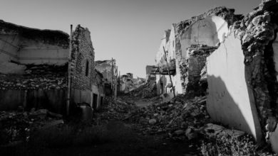 grayscale photo of concrete houses